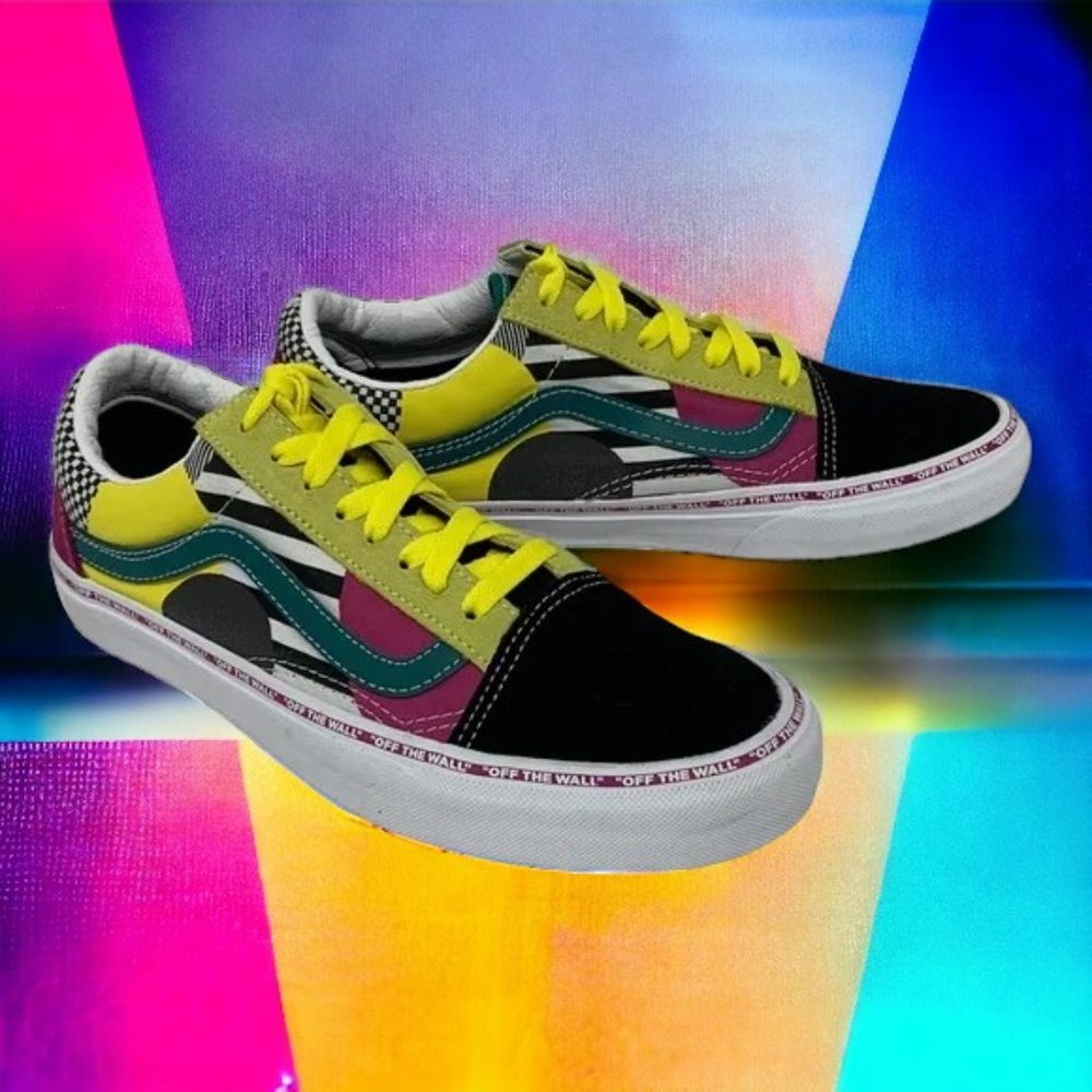 VANS Old Skool Colorful Rainbow Black Check Suede Leather Unisex Shoes M 7 W 8.5
